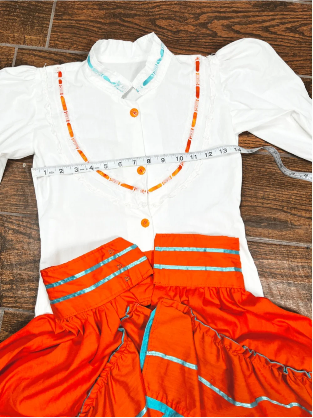 Girls Traditional Mexican Folklorico Costume Orange White Theater Dress 10-12